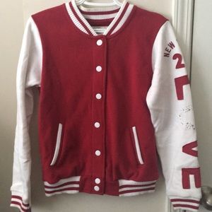 Red and white varsity jacket
